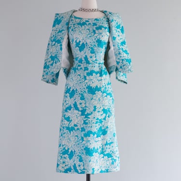 Elegant Early 1960's Tiffany Blue Silk Floral Dress & Jacket Set / Medium