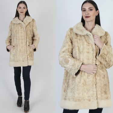 Vintage Fur Back Collar Jacket, Blonde Real Mink Swing Coat, Mid Length Winter Overcoat 