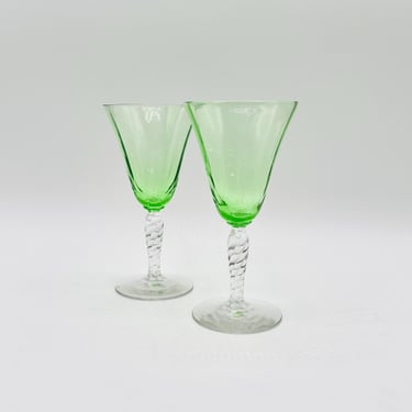 One Pair of Fostoria Uranium Green Bowl Clear Twisted Stem Water Goblet Wine Glass by LeChalet