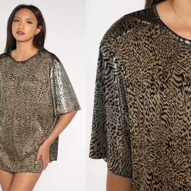 Metallic Leopard Shirt 90s Gold Silver Top Shiny Animal Print Blouse Short Sleeve Retro Glam Pleated Vintage 1990s Plus Size 2x xxl 2xl 
