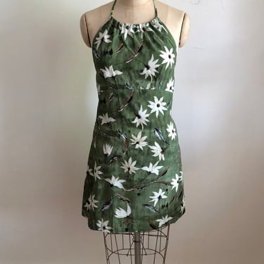 Olive Green Floral/Daisy Print Halter Mini-Dress - 1990s 