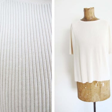 Vintage 90s Cream Ribbed Knit Silk Shirt S M - 1990s Minimalist Off White Crewneck Blouse 