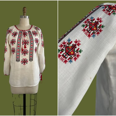 NICE FOLKS Vintage 50s 60s Hand Embroidered Blouse | Hand Embroidery Eastern European Tunic Top | Folk Hippie Boho Shirt | Small Medium 