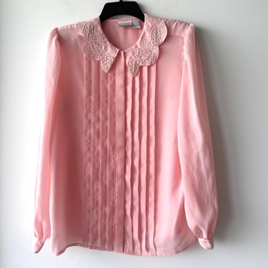 VTG Sellecca Blouse Light Pink Pearl Collar Chiffon Women 14 Cottagecore Peasant Dollette 