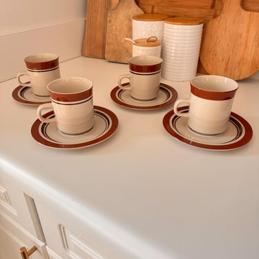 Vintage Brown Stripe Sango Sienna Carousel Stoneware Japanese Cup & Saucer | Set of 4 