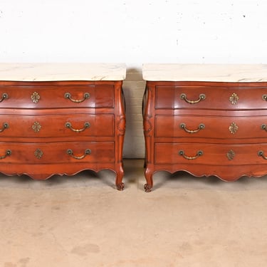 John Widdicomb French Provincial Louis XV Cherry Wood Marble Top Commodes or Chest of Drawers, Pair