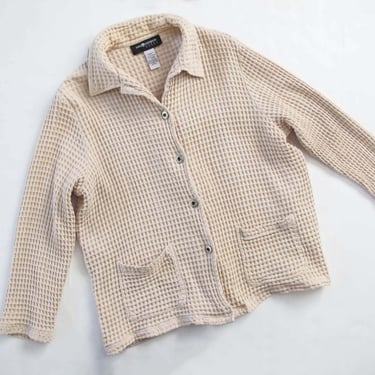 90s Waffle Knit Jacket M - Vintage 1990s Beige Neutral Button Up Boxy Jacket - Minimalist Clothing - Textured Cotton Jacket 