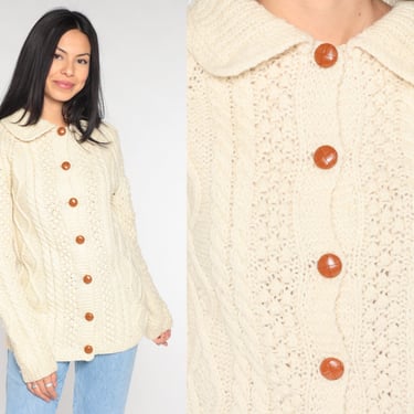 Cream Cardigan 90s Cable Knit Button up Sweater Retro Slouchy Grandpa Collared Cableknit Winter Knitwear Acrylic Vintage 1990s Small S 