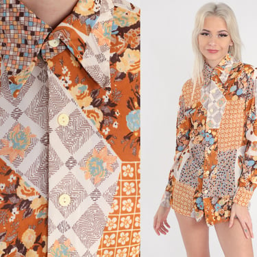 70s Hippie Shirt Patchwork Floral Print Top Burnt Orange Pointed Dagger Collar Disco Button Up Vintage 1970s Long Sleeve Small S 