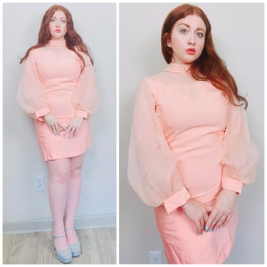 1960s Vintage Peach Silk Shantug Sylvia Ann Mini Dress / 60s Sheer Volume Sleeve Mock Neck Beaded Mod Dress / Large 