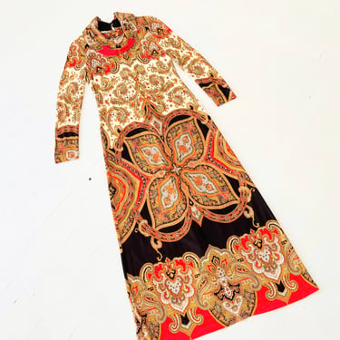 1970s Ornate Print Maxi Gown with Draped Neckline 