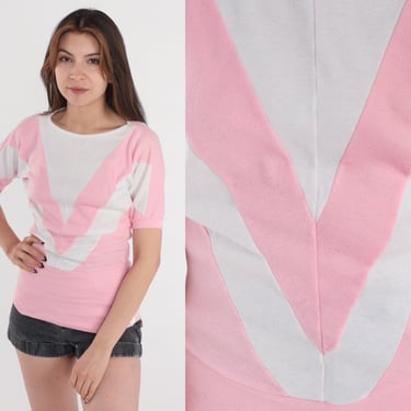 80s Shirt Pink White Chevron Striped T-Shirt Short Sleeve Top Retro Streetwear Casual Blouse Banded Hem Girly Vintage 1980s Extra Small xs 