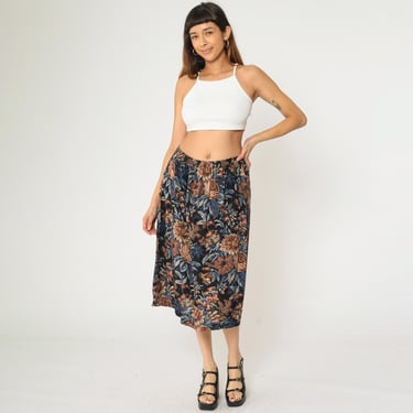 Vintage Floral Midi Skirt 90s Blue Tapestry Print Skirt Boho Print High Waisted 1990s Hippie Romantic Pastel Summer Black Brown Large L 