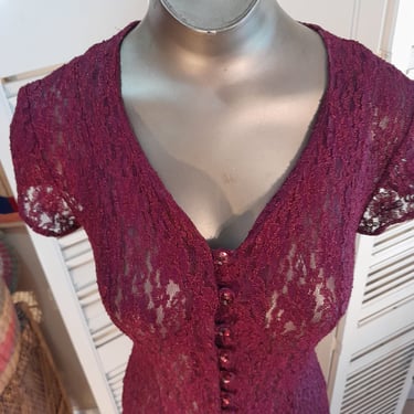 80s/90s Burgundy Lace Maxi Dress / All That Jazz / Wedding Style Buttons/sz sm / USA Made 