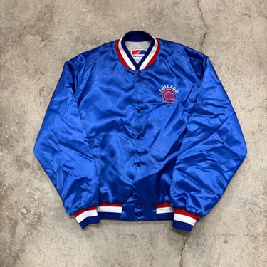 Vintage 80s 90s Chicago Cubs Embroidered Snap Button Blue Satin Varsity Jacket Sz XL Made in USA 