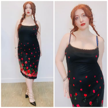 1990s Vintage CDC Falling Roses Mesh Dress / 90s / Y2K Caren Desiree Fringe Asymmetrical Hem Tank Dress / XL / Size 14 