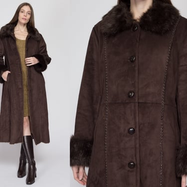 Medium 90s Does 70s Faux Suede Fur Trim Sherpa Coat Petite | Vintage Terry Lewis Chocolate Brown Penny Lane Long Jacket 