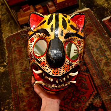 Vintage Mexican Tigre Mask, Hand Carved/Painted Wood Mask W/ Genuine Animal Teeth & Mirrored Glass Eyes, Eclectic Home Decor, 10 1/4