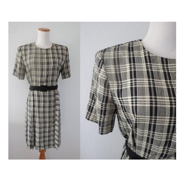 Vintage Plaid Print Dress - 80s Casual Short Sleeve Retro Style Day Dress - Size Small / Medium 