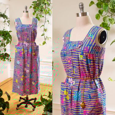 Vintage 1960s 1970s Maxi Dress | 60s 70s Psychedelic Hawaiian Aloha Floral Striped Butterfly Pink Blue Shirtwaist MuuMuu | medium/large 