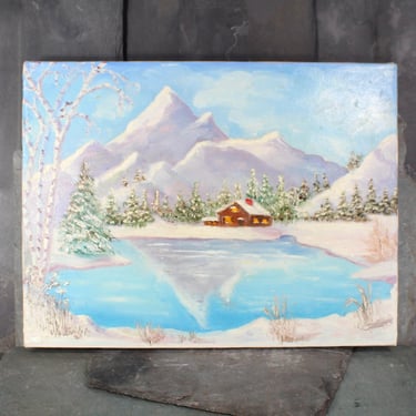 Original, Winter Landscape Oil Painting | Winterscape Cabin by the Lake | Unsigned | Unframed Original Art 16