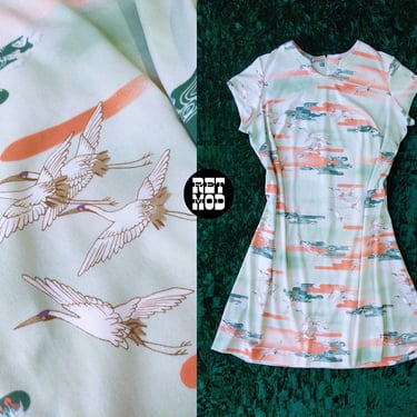 PLUS SIZE Vintage 60s 70s Pastel Green & Orange Crane Bird Novelty Print Day Dress 