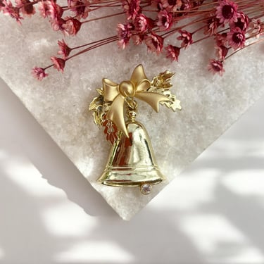 Holiday Bell & Bow Rhinestone Adorned Gold Toned Christmas | Holiday Ornament Vintage Brooch Pin 