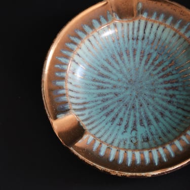 Vintage Mid Century Modern gold + blue starburst Ashtray 