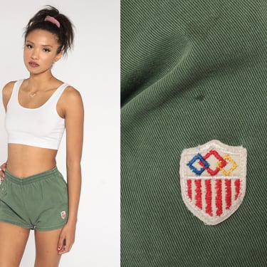 70s Gym Shorts Olive Green Athletic Shots Crest Patch Jogging Elastic Waist Rollergirl Sporty Seventies Vintage 1970s 2xs xxs 