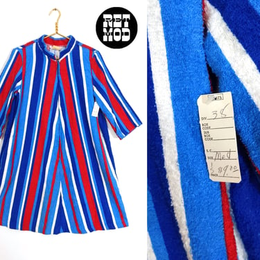 SO AWESOME Vintage 60s 70s Blue Red White Stripe Terrycloth Shorter Cover-Up 
