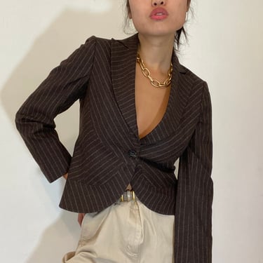 90s Les Copains pinstripe cropped blazer / vintage brown wool cashmere cropped pinstripes nipped waist Italian blazer | S 
