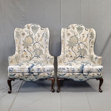 Vintage Woodmark Mary Webb Wood Blue "Tree of Life" Wingback Chairs - a Pair