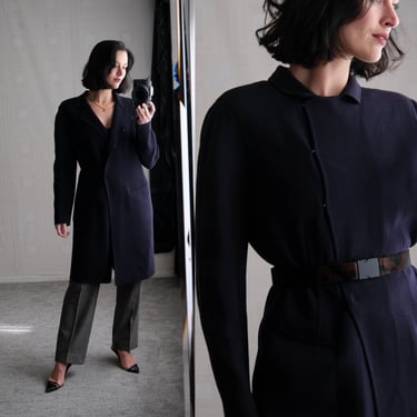 Vintage DONNA KARAN Black Label Navy Wool Stretch Longline Unstructured Coat w/ Leather Pony Hair Engineered Belt | Y2K DKNY Designer Jacket 