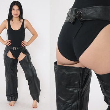 Black Leather Chaps 90s Assless Chaps Motorcycle Pants Biker Chaps Club Festival Rave Zip Snap Up Buckle Strap Sexy Vintage 1990s Small S 