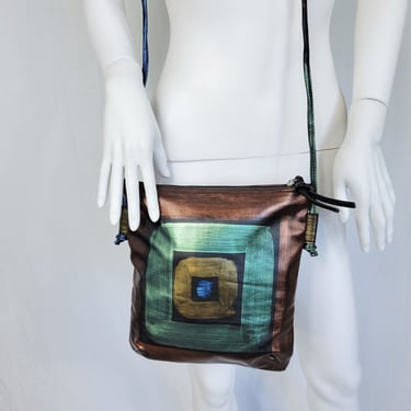 Italian Metallic Bronze Bullseye Hand Painted Leather Cross Body Purse Handbag I Astore 