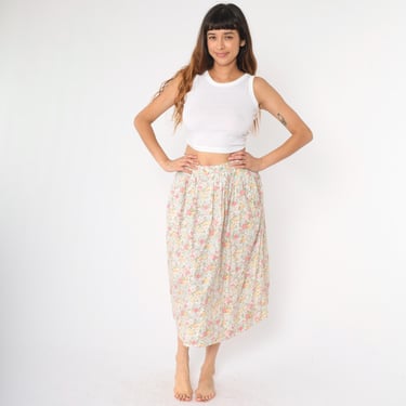 Vintage Floral Midi Skirt 90s Susan Bristol Skirt Boho Print High Waisted 1990s Hippie Romantic Pastel Summer Pocket White Pink Green Medium 