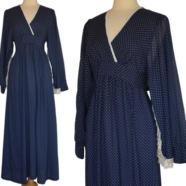 Vintage 70s Angel Sleeve Maxi Dress, Navy Blue and White Dot Print, Lace Trimmed, Size S to M, Small to Medium 