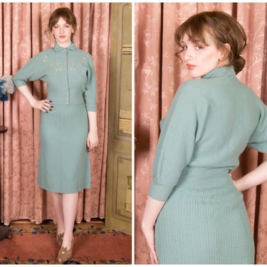 1950s Sweater Set - Vintage 50s Knit Set in Robins Egg Blue Wool Boucle by Toby Berman 