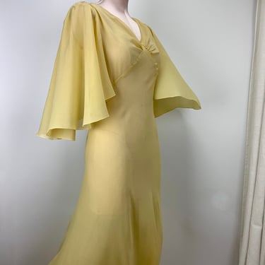 1920's-30's Sheer Silk Georgette Dress - Soft Yellow - Bias Cut - Flared Sleeves - Flouncy Tulip Shaped Skirt - Size Medium 