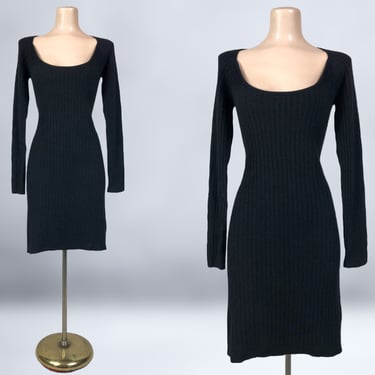 VINTAGE 90s 2000s Black Angora Sweater Dress with Deep Scoop Neckline By Moda International Sz M | Y2K 1990s Sexy Curvy Sweater Dress | VFG 