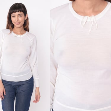 Vintage White Wool Shirt Thermal Undershirt 80s Long Sleeve Shirt Plain T Shirt Vintage Drawstring Neck Pullover Tshirt Small S 