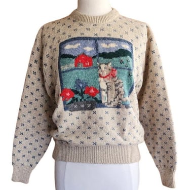 Vintage 80s Cat Sweater Eddie Bauer Wool Blend 