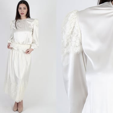 Victorian Style Plain Bridal Gown Dress / 1980s Ivory Satin Wedding Dress / Romantic Prom Princess Draped Long Dress 