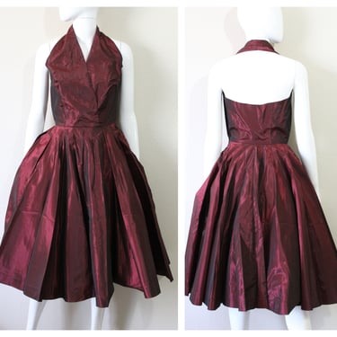 Vintage 1950s Burgundy Sharkskin Taffeta Halter Rockabilly Circle Skirt Dress Party Event gown Hollywood Glam // US 0 2 4 xs s 