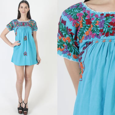 Turquoise Cotton Oaxacan Dress Bright Floral Mexican Sundress Hand Embroidered San Antonio Mini 