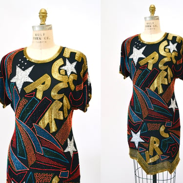 90s Vintage Sequin Dress Black Rockstar Sequin Dress Medium Large OLEG Cassini // 90s Vintage Beaded Dress Stars Rainbow Pop Art Word 