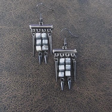 Marble stone and gunmetal chandelier earrings 