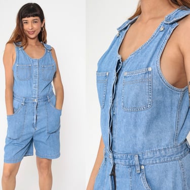 90s Denim Romper Playsuit Jean One Piece Shorts Outfit Utility Patch Pocket Chambray 1990s Vintage Sleeveless Button Up Small Medium 