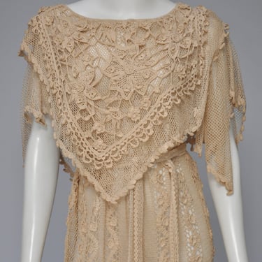 vintage 1970s Lim's ivory crochet knit dress w/ floral accents XS-M 