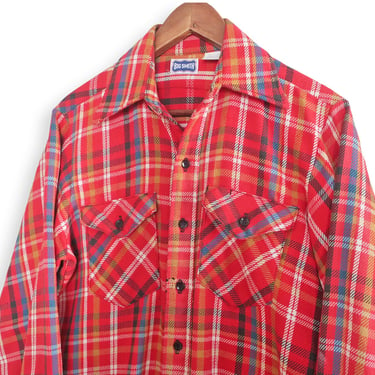 70s flannel / plaid button up / 1970s Big Smith red thick cotton plaid flannel button up work shirt Medium 
